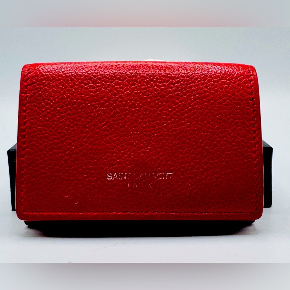 Auth SAINT LAURENT Trifold Wallet Red Leather with COA